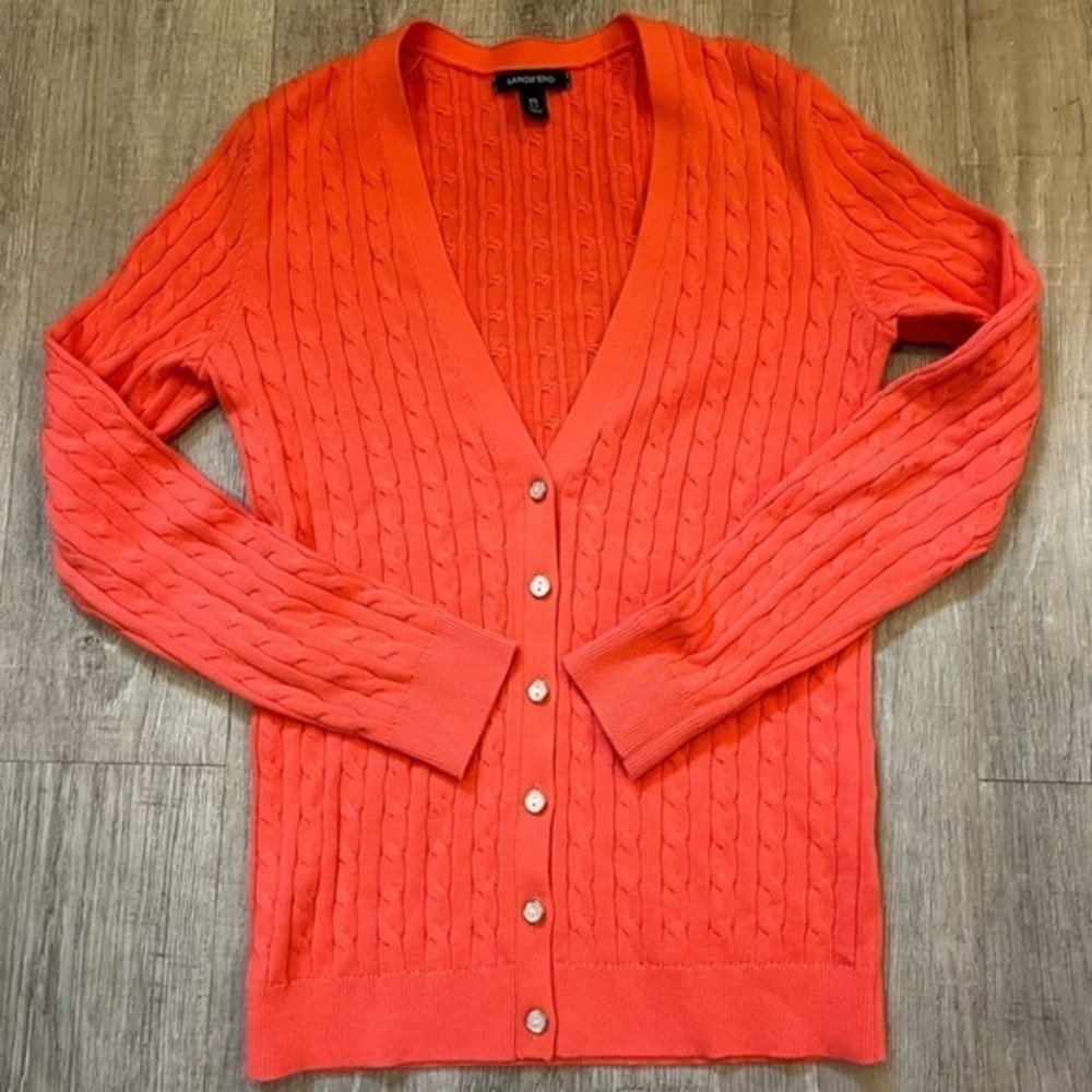Land’s End XS Cable Knit Sweater V-Neck Coral Orange Orange Melon Like New - Picture 5 of 14